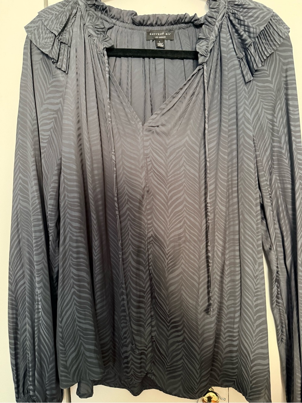 Current Air Gray Ruffle V-Neck Zebra Jacquard Blouse - so unique and beautiful!